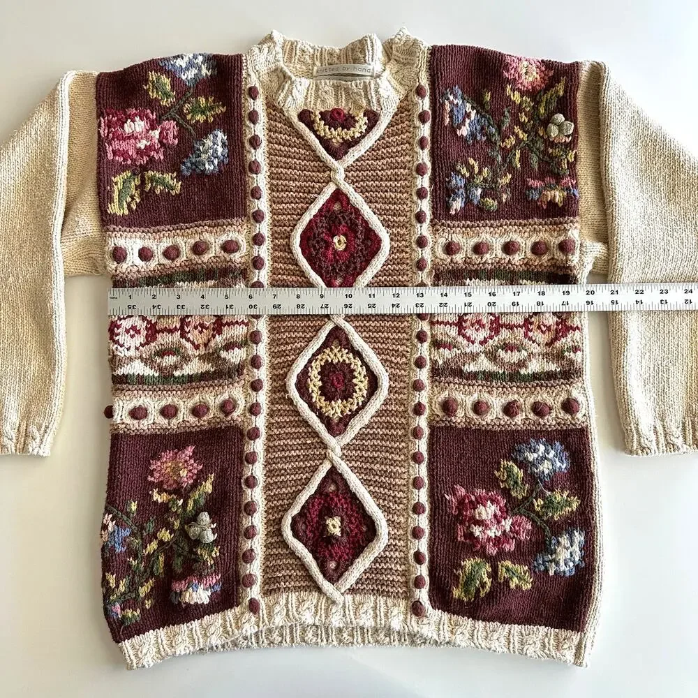 Jennifer & Company VTG 90s Hand Knit Cotton Blend Cottage Cabbage Rose Sweater L
